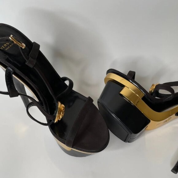 Versace Black & Gold Medusa Triple Platform Swarovski Crystals Sandals Heels - Picture 4 of 13
